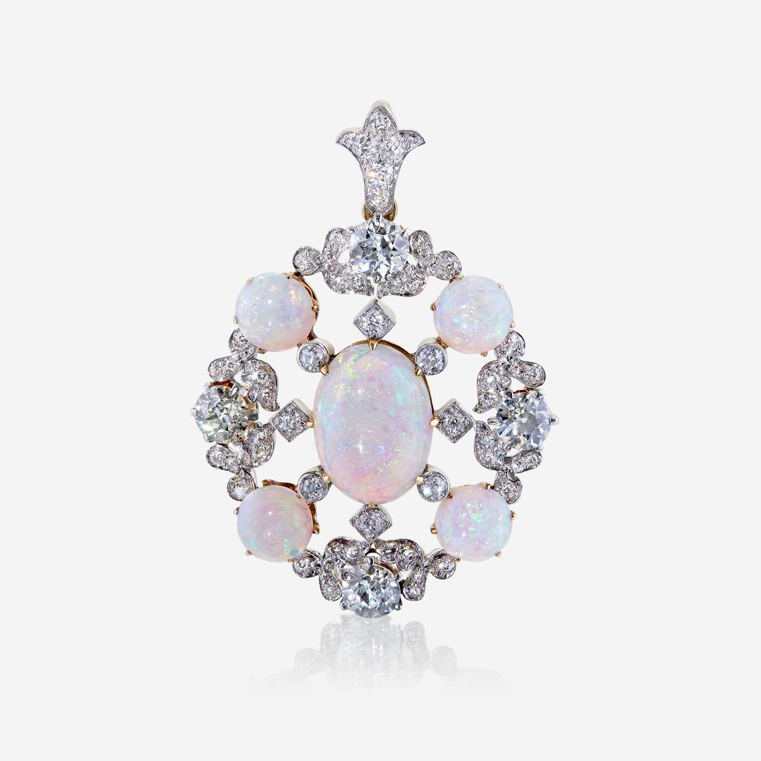 Lot 64 - An opal, diamond, and eighteen karat gold pendant, Tiffany & Co.