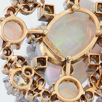 Lot 64 - An opal, diamond, and eighteen karat gold pendant, Tiffany & Co.