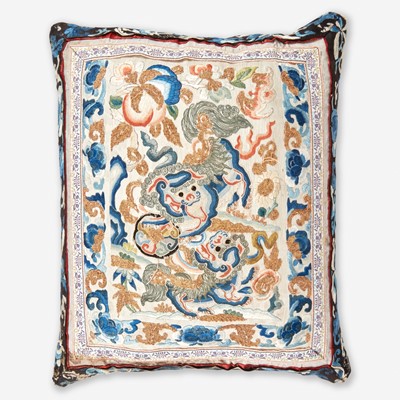 Lot 68 - A Chinese embroidered silk "Buddhist Lions" panel, mounted as a pillow 刺绣太狮少狮画片嵌枕头