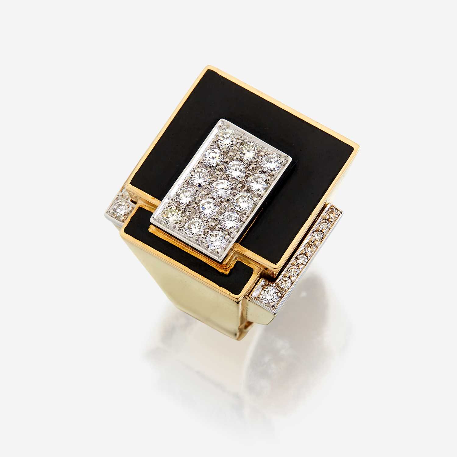 Lot 11 - An eighteen karat gold, platinum, enamel, and diamond ring, David Webb