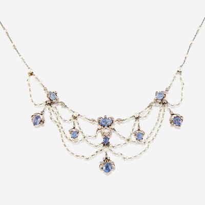 Lot 10 - A cultured pearl, sapphire, diamond, platinum topped-gold, and fourteen karat white gold necklace