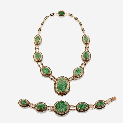 Lot 8 - A fourteen karat gold, jadeite jade, enamel, and seed pearl necklace with matching bracelet