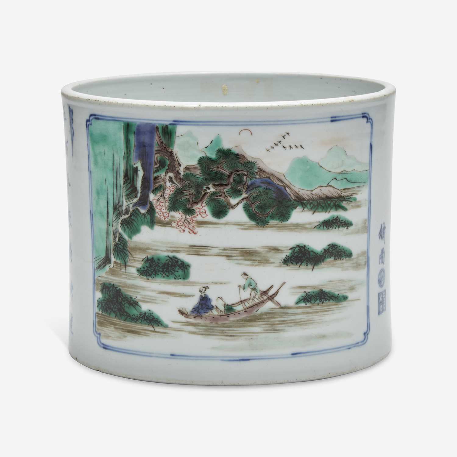Lot 9 - A Chinese famille verte-decorated porcelain brush pot 五彩笔筒