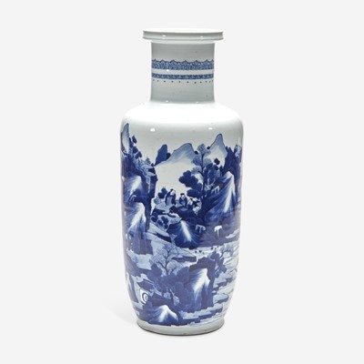 Lot 11 - A Chinese blue and white porcelain rouleau vase 青花山水人物纸槌瓶