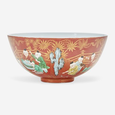 Lot 31 - A Chinese famille verte coral-ground porcelain "Boys" bowl 五彩珊瑚地“童子”碗