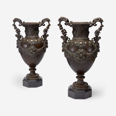 Lot 31 - A Pair of Patinated Bronze Urns