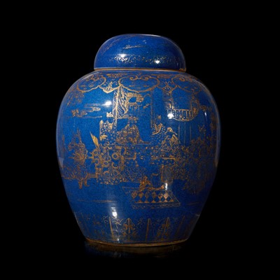 Lot 60 - A massive Chinese gilt-decorated powder blue ovoid jar and cover 洒蓝地描金大盖罐