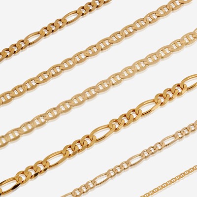 Lot 95 - A collection of six fourteen karat gold necklaces