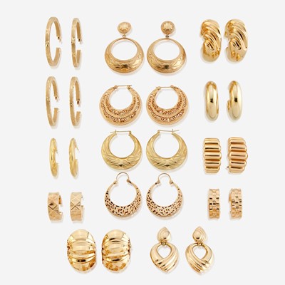 Lot 153 - A collection of fourteen pairs of fourteen karat gold earrings