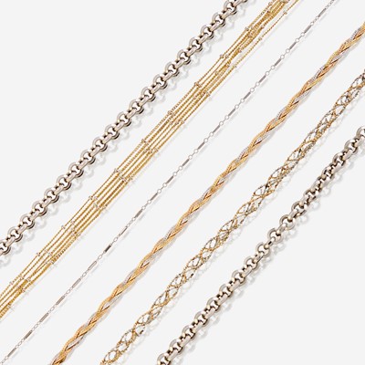 Lot 57 - A collection of six fourteen karat gold necklaces
