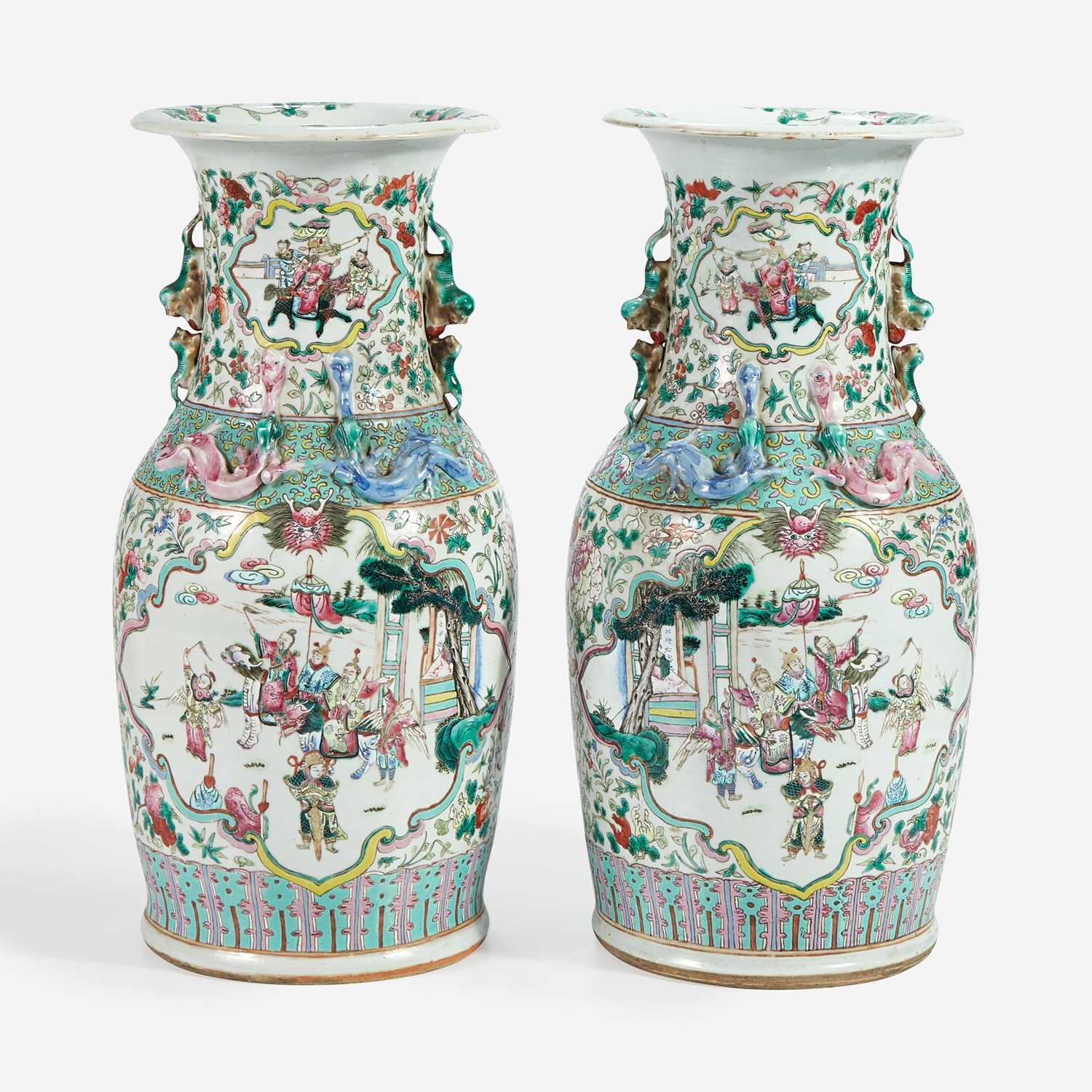 Lot 76 - A pair of Chinese export famille rose-decorated porcelain baluster vases