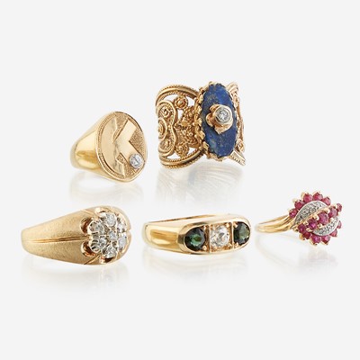 Lot 52 - A collection of five gold and gem-set rings