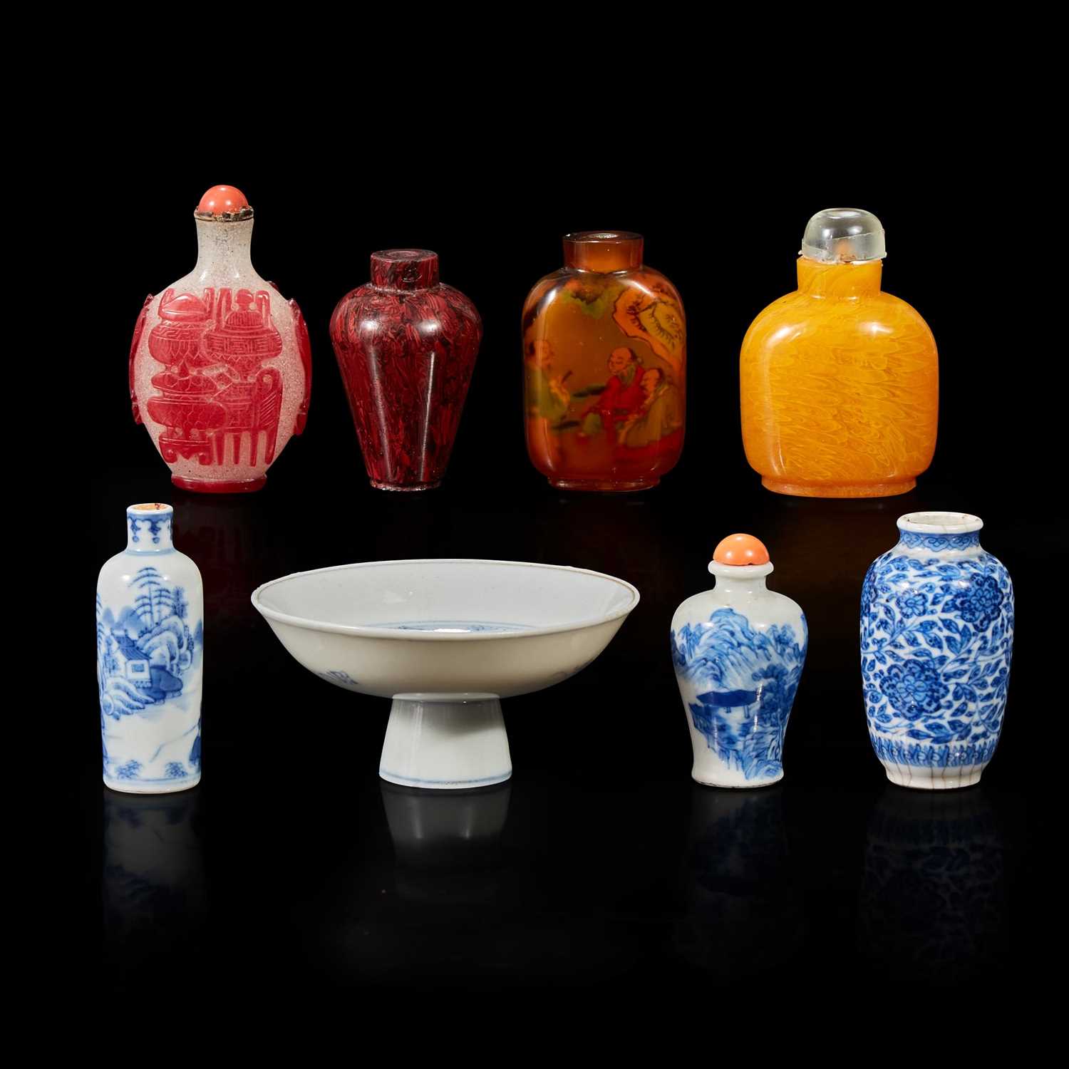 Lot 169 - Seven assorted glass, porcelain snuff bottles; a vase; and a small blue and white porcelain tazza
