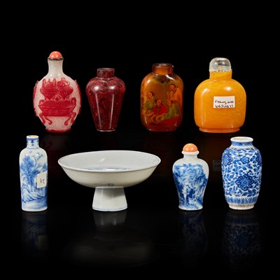 Lot 169 - Seven assorted glass, porcelain snuff bottles; a vase; and a small blue and white porcelain tazza