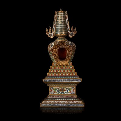 Lot 15 - A Chinese cloisonné small stupa 铜鎏金掐丝珐琅佛塔一件