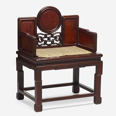 Lot 21 - A Chinese carved hardwood and huamu armchair 硬木搭红木扶手椅一件
