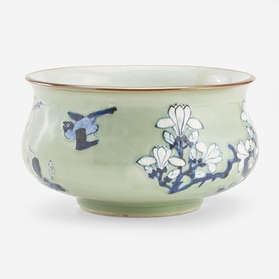 Lot 11 - A Chinese blue and white-decorated celadon-ground porcelain ogee censer 青花瓷香炉