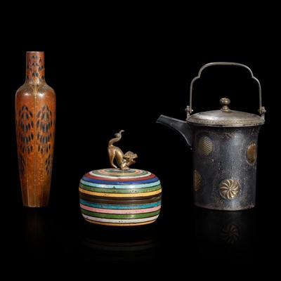 Lot 232 - A Japanese mixed-metal vase, a small silver ewer, and a striped cloisonné box and cover