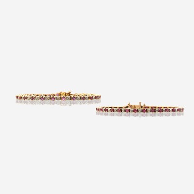 Lot 110 - A pair of ruby, diamond, and gold bracelets
