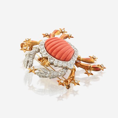 Lot 95 - A coral, diamond, and bicolor gold pendant/brooch
