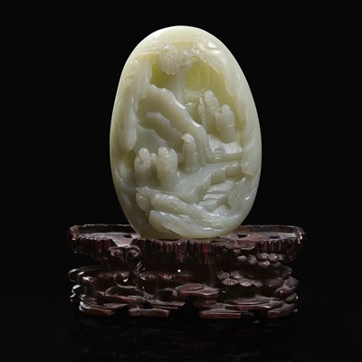 Lot 93 - A Chinese pale celadon jade “mountain” depicting sages in landscape 青白玉山子