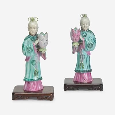 Lot 123 - A Pair of Chinese Export Porcelain Famille Rose Candlestick Figures