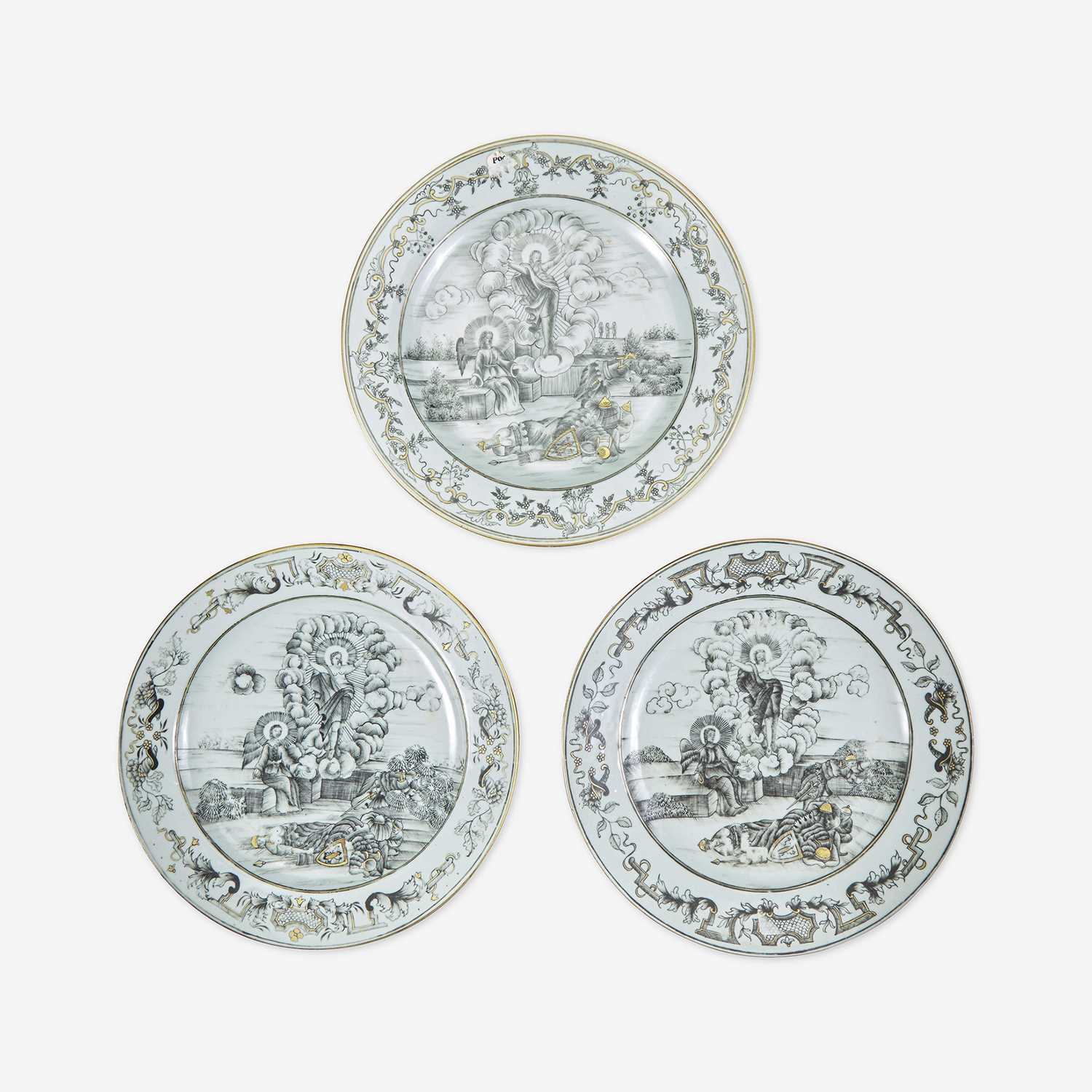 Lot 115 - Three Chinese Export Porcelain Grisaille and Gilt Decorated Plates