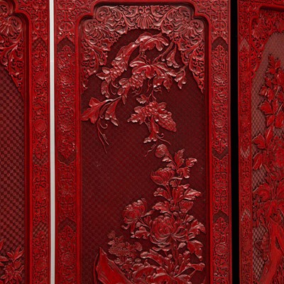 Lot 156 - A finely-carved Chinese six-panel cinnabar lacquer wood screen 中国朱红漆六开屏风