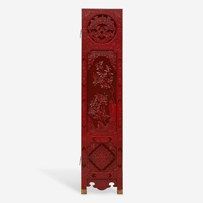Lot 156 - A finely-carved Chinese six-panel cinnabar lacquer wood screen 中国朱红漆六开屏风
