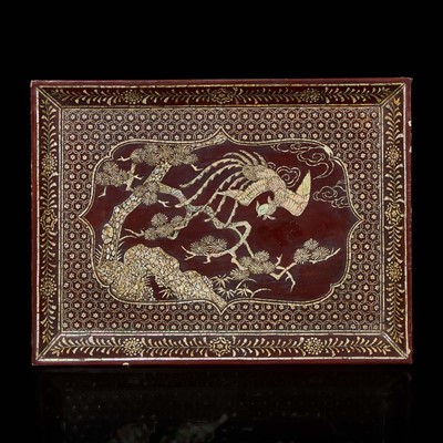 Lot 70 - A mother of pearl-inlaid lacquer "Phoenix and Pine" tray 贝母镶嵌”凤栖梧桐“大漆托盘