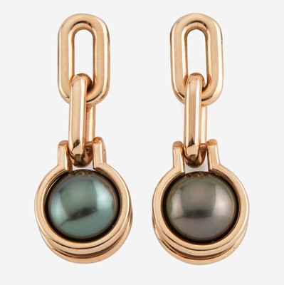 Lot 188 - A pair of rose gold and Tahitian cultured pearl earrings, Tiffany & Co.