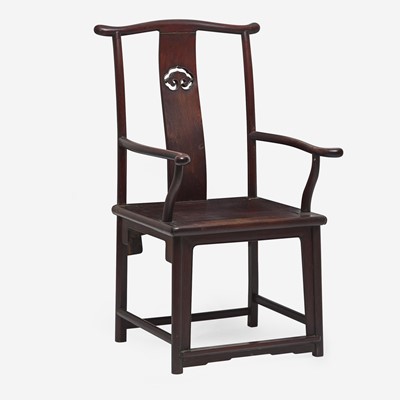Lot 73 - A Chinese hardwood armchair, possibly hongmu, Sichutou Guanmaoyi 硬木四出头官帽椅 或红木