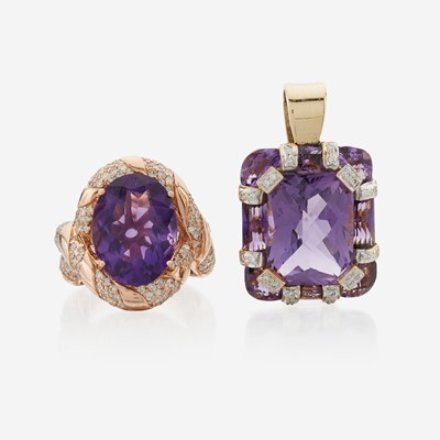 Lot 104 - Two pieces of amethyst, diamond, and gold jewelry