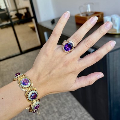 Lot 12 - Two pieces of amethyst, diamond, and gold jewelry