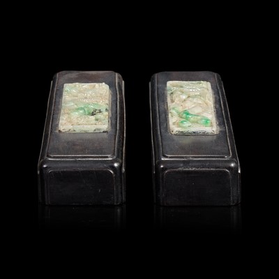 Lot 152 - A pair of Chinese jadeite and hardwood scroll weights