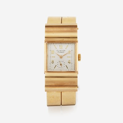 Lot 142 - A lady's gold bangle cuff bracelet watch, Clinton