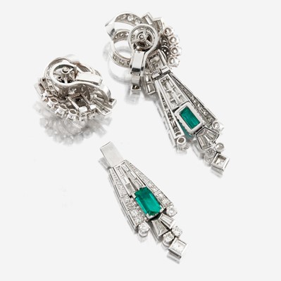 Lot 34 - A pair of diamond, emerald, and platinum day/night earrings