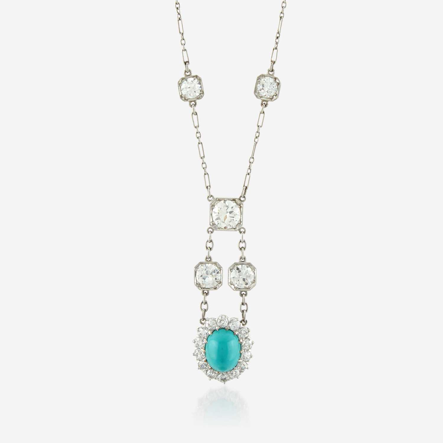 Lot 51 - An Art Deco turquoise, diamond, and platinum necklace