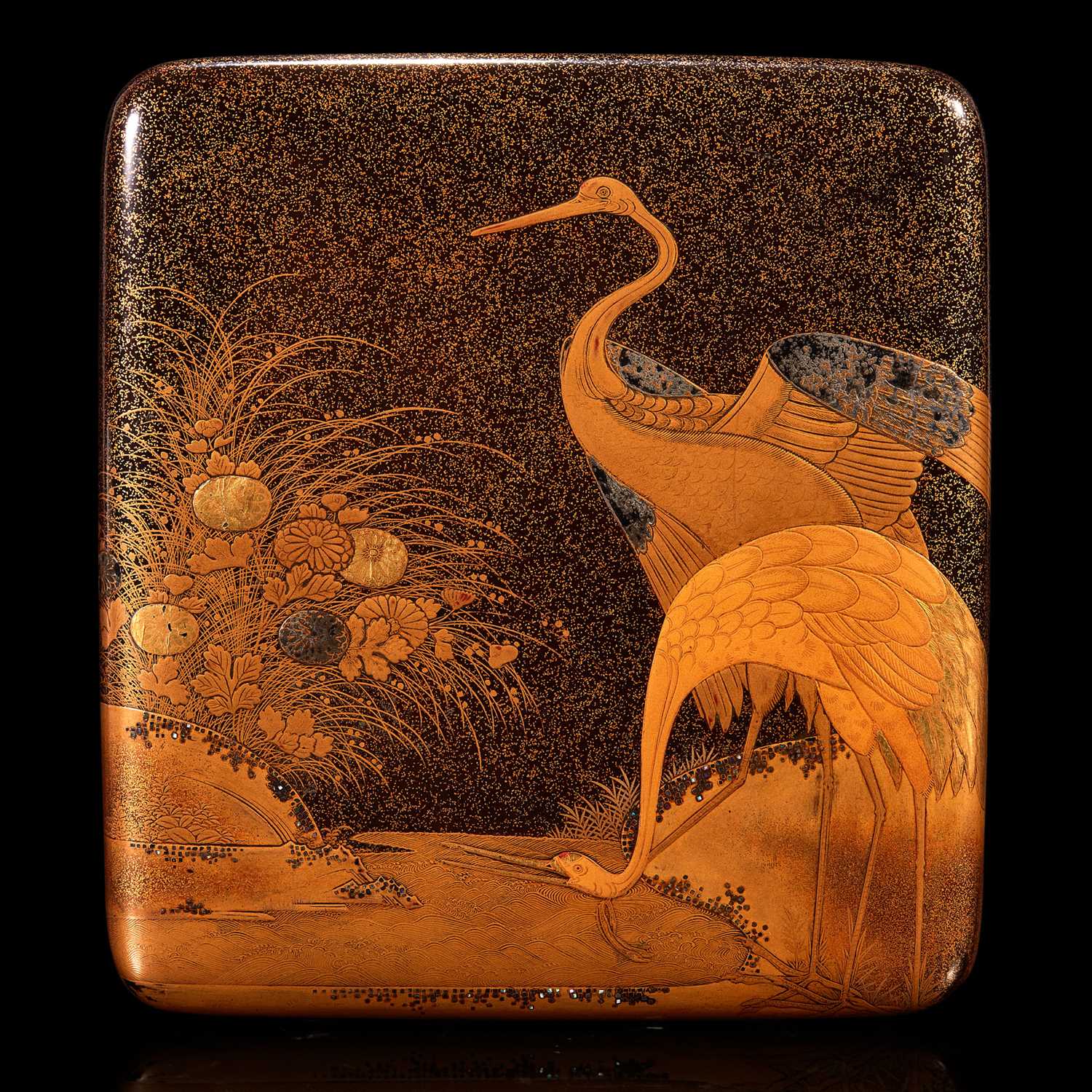 Lot 208 - A Japanese lacquer "Cranes and Dogs" writing box
