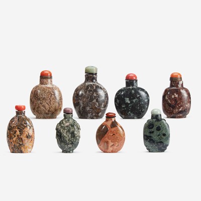 Lot 183 - A group of eight Chinese assorted conglomerate and patterned stone snuff bottles