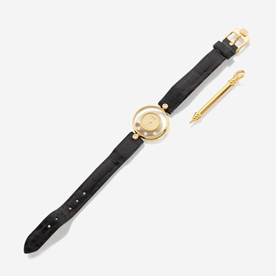 Lot 148 - A lady's leather bracelet and gemstone wristwatch, Chopard "Happy Diamonds"