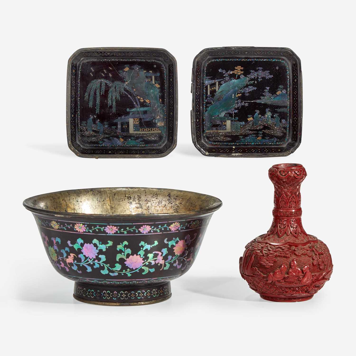 Lot 122 - A Chinese “Lac Burgaute” bowl and two dishes, and a small carved cinnabar lacquer vase