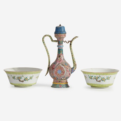 Lot 68 - A Chinese enameled copper ewer and a pair of enameled porcelain bowls