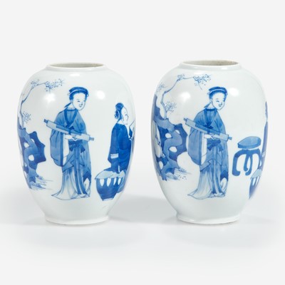 Lot 56 - A pair of Chinese blue and white-decorated porcelain small ovoid vases