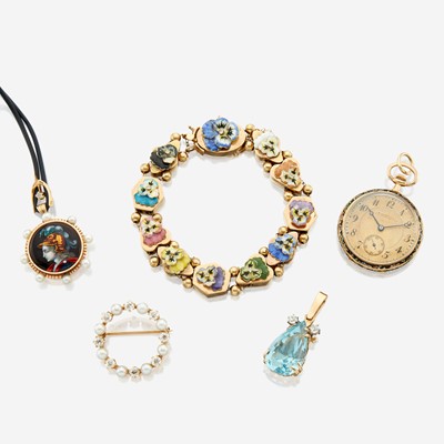 Lot 164 - A five piece collection of antique and vintage gold jewelry and a pocket watch