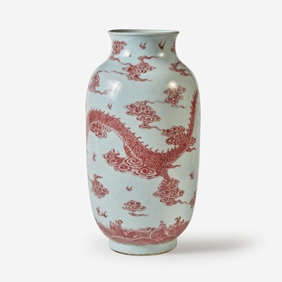 Lot 160 - A Chinese underglaze red-decorated porcelain lantern-form "Dragons" vase 釉里红龙纹灯笼瓶