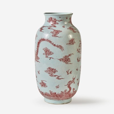 Lot 160 - A Chinese underglaze red-decorated porcelain lantern-form "Dragons" vase 釉里红龙纹灯笼瓶