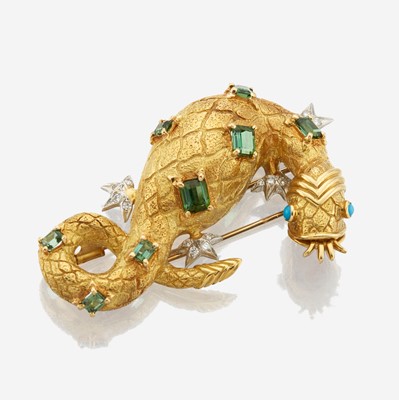 Lot 22 - A gold, platinum, tourmaline, diamond, and turquoise brooch, Tiffany & Co.
