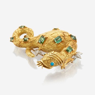 Lot 22 - A gold, platinum, tourmaline, diamond, and turquoise brooch, Tiffany & Co.
