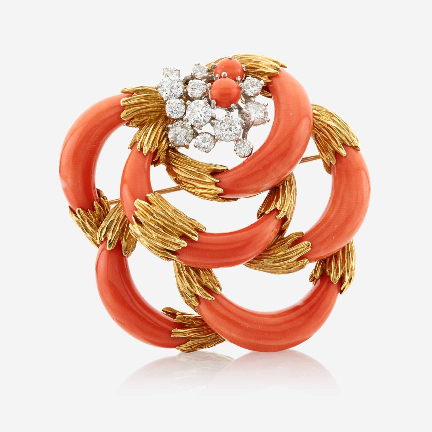 Lot 66 - A gold, coral, and diamond brooch, Kutchinsky